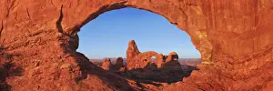 Erosion landscape Turret Arch seen through Northern Window - USA, Utah, Grand