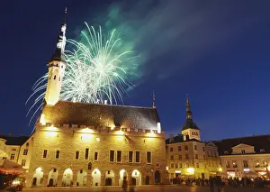 Fireworks Prints: Estonia, Tallinn, Fireworks In Town Hall Square (Raekoja Plats) To Mark Independence Day