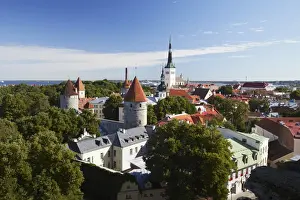 Estonia, Tallinn, View Of Lower Town With Oleviste Church In Background