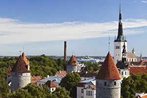 Estonia, Tallinn, View Of Lower Town With Oleviste Church In Background