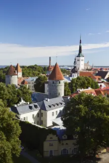 Estonia, Tallinn, View Of Lower Town With Oleviste Church In Background