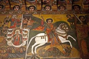 Ethiopia, Gondar, Debre Birhan Selassie Church. Ancient paintings adorn the interior of this famous church