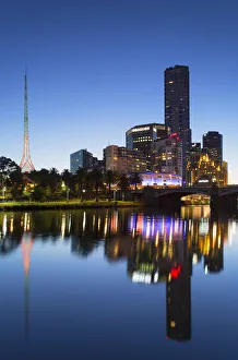 Victoria Prints: Eureka Tower and skyline along Yarra River at dusk, Melbourne, Victoria, Australia