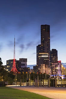 Eureka Tower, Victorian Arts Centre and Federation Bells at dusk, Melbourne, Victoria