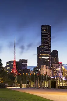 Victorian Arts Centre Prints: Eureka Tower, Victorian Arts Centre and Federation Bells at dusk, Melbourne, Victoria