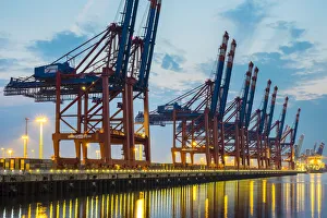 Industrial Prints: Empty Eurokai loading quay with cargo container cranes at night, Waltershofer Hafen