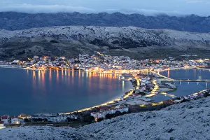 Images Dated 6th August 2014: Europe, Croatia, Dalmatia, Zadar region, Pag island, Pag town at dusk