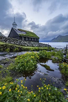 Denmark Prints: Europe, Denmark, Faroe Islands, Eystoroy, Gjogv: a classic little church on the coastline