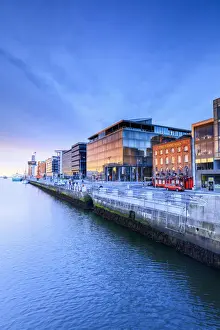 Dublin Prints: Europe, Dublin, Ireland, buidlings reflecting on the Liffey river by night