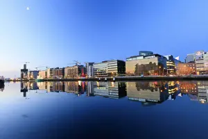 Liffey River Prints: Europe, Dublin, Ireland, buildings reflecting on the Liffey river by night