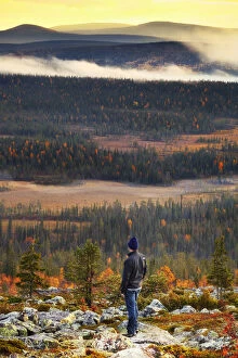 Images Dated 25th November 2013: Europe, Finland, Lapland, Salla, a hiker looking out from the top of Ruuhitunturi