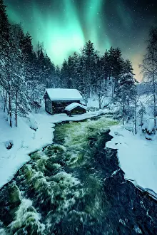 Aurora Borealis Prints: Europe, Finland, northern lights over Myllykoski Mill and Myllytupa gorge at Oulanka National Park in winter