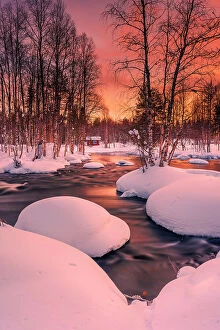 Finland Gallery: Europe, Finland, river near Ruka at sunset in winter