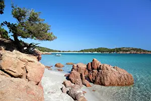 Corsica Prints: Europe, France Corsica, Corse, A boat is moored up next to the picturesque beach of Rondinara