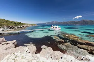 Haute Corse Prints: Europe, France Corsica, Haute-Corse excursion boat at Loto beach in the Deserte des Agriates