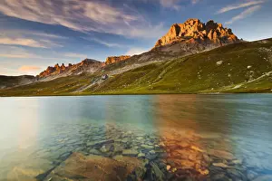 Mountain Lake Prints: Europe, France, Ubaye - Oronaye Lake and Oronaye peak at sunset