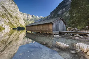Berchtesgaden Prints: Europe, Germany, Bavaria, Berchtesgaden. Boat dock hangar on Obersee alpine lake in