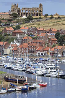 Europe, Great Britain, England, Whitby, view of the town harbour and the ruined abbey
