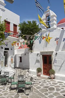 Europe, Greece, Cyclades island, Aegean Sea, Mykonos, Myconos, square and church in