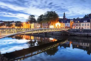 Cork Prints: Europe, Ireland, Cork by night with colored houses reflecting on Lee river