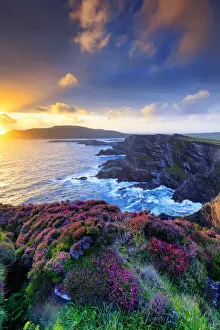 Amazing Prints: Europe, Ireland, Portmagee cliffs at sunset along the Ring of Kerry