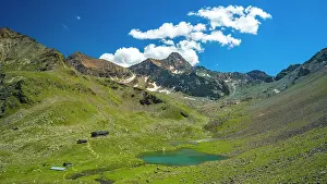 Aosta Prints: europe, Italy, Aosta Valley. View from the hike towards the lake and hut Arbolle
