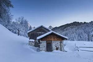 Agordino Gallery: Europe, Italy, Belluno, La Valle Agordina. A couple of traditional wooden barns in winter