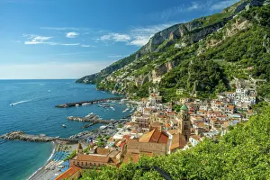 Campania Prints: europe, Italy, Campania. Amalfi, view over the town and the harbour