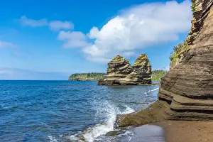 Faraglioni Prints: Europe, Italy, Campania. On the beach of Ciraccio with the Faraglioni of Procida