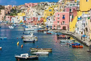 Europe, Italy, Campania. The characteristic little harbour of Procida