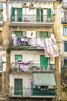 Napoli Prints: Europe, Italy, Campania. Naples. Typical scene of drying laundry on clotheslines in Naples