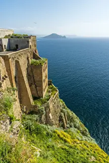Borgo Prints: Europe, Italy, Campania. The palazzo D Avalos of Procida seen with Capri Island in