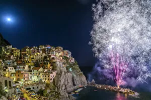 Images Dated 3rd October 2016: Europe, Italy, Cinque Terre. Fire works for San Lorenzo in Manarola