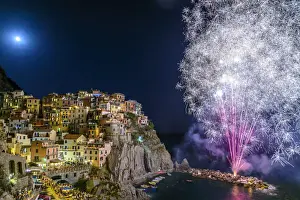Illumination Prints: Europe, Italy, Cinque Terre. Fire works for San Lorenzo in Manarola
