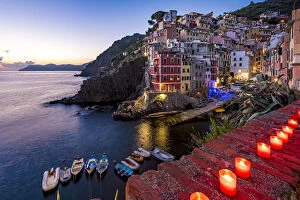Europe, Italy, Cinque Terre. the little harbour of Riomaggiore at Sunset
