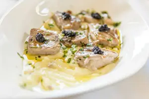 Cook Prints: Europe, Italy. Delicious antipasti made of sword fish and cavia