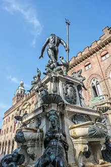 Emilia Romagna Prints: europe, Italy, Emilia-Romagna, Bologna. The fountain of Neptune in the piazza Maggiore