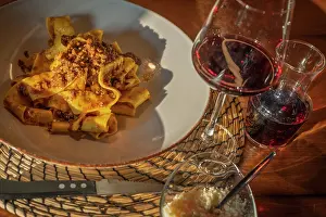 Emilia Romagna Prints: europe, Italy, Emilia-Romagna, dinner in an agriturismo with fresh pasta with rabbit sauce and red wine