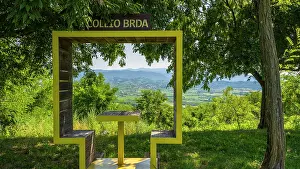 Bench Prints: Europe, Italy, Friuli. One of the famous frame benches in the Collio area near Cormons on the Mountain Monte Quarin