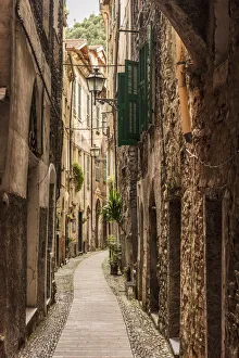 Europe, Italy, Liguria. Badalucco. One of the narrow streets of the little town
