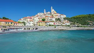 Ligurian Prints: Europe, Italy, Liguria, The beautiful skyline of Cervo seen from the beach