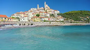 Europe, Italy, Liguria, The beautiful skyline of Cervo seen from the beach