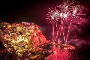 Riomaggiore Prints: Europe, Italy, Liguria. Fireworks in Manarola for San Lorenzo