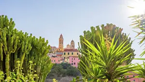 Colored Prints: Europe, Italy, Liguria, Glimps of the town of Cervo near Imperia with the church of Saint John
