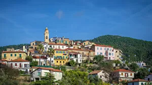 Images Dated 3rd February 2023: Europe, Italy, Liguria. The little village of Seborga in the hills above Bordighera seen from