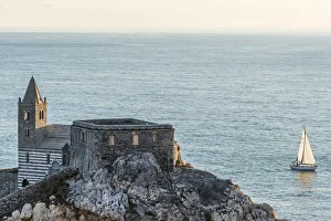 Mediterranean Collection: Europe, Italy, Liguria, Portovenere. Sunset with church San Pietro