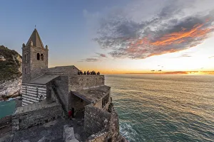 Europe, Italy, Liguria, Portovenere. View of San Pietro at sunset