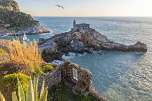 Europe, Italy, Liguria, Portovenere. Sunset with church San Pietro