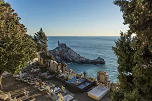 Images Dated 2nd February 2018: Europe, Italy, Liguria, Portovenere, view from the cemetery towards San Pietro at sunset