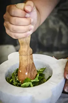 Cinque Terre Prints: Europe, Italy. Liguria. Preparing genovese pesto during a cooking course